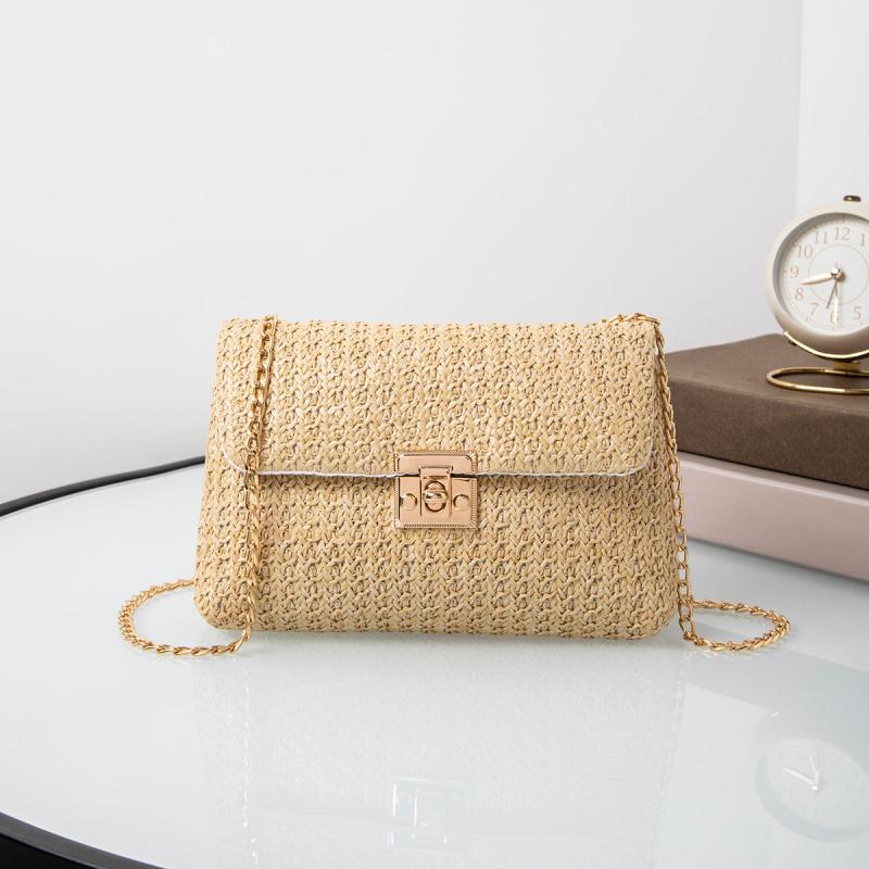 Straw Crossbody Bag with Turn Lock Closure & Chain Strap