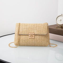 Straw Crossbody Bag with Turn Lock Closure & Chain Strap