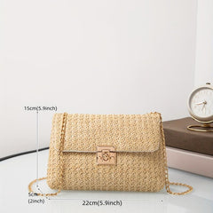 Straw Crossbody Bag with Turn Lock Closure & Chain Strap