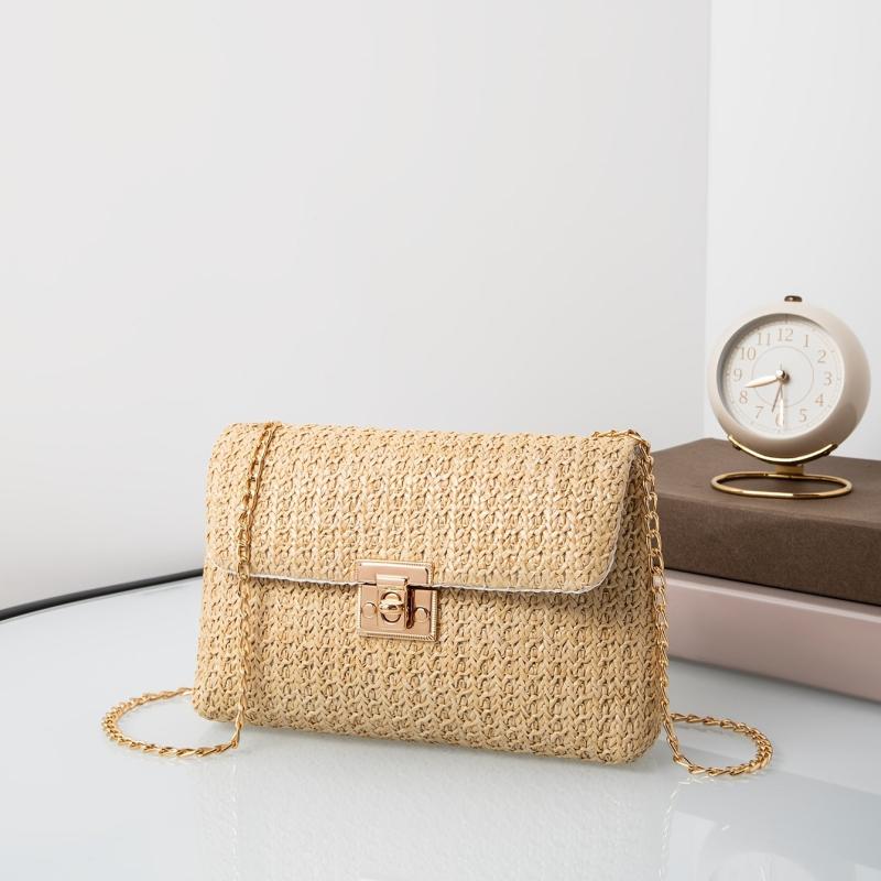 Straw Crossbody Bag with Turn Lock Closure & Chain Strap