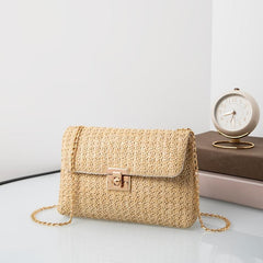 Straw Crossbody Bag with Turn Lock Closure & Chain Strap