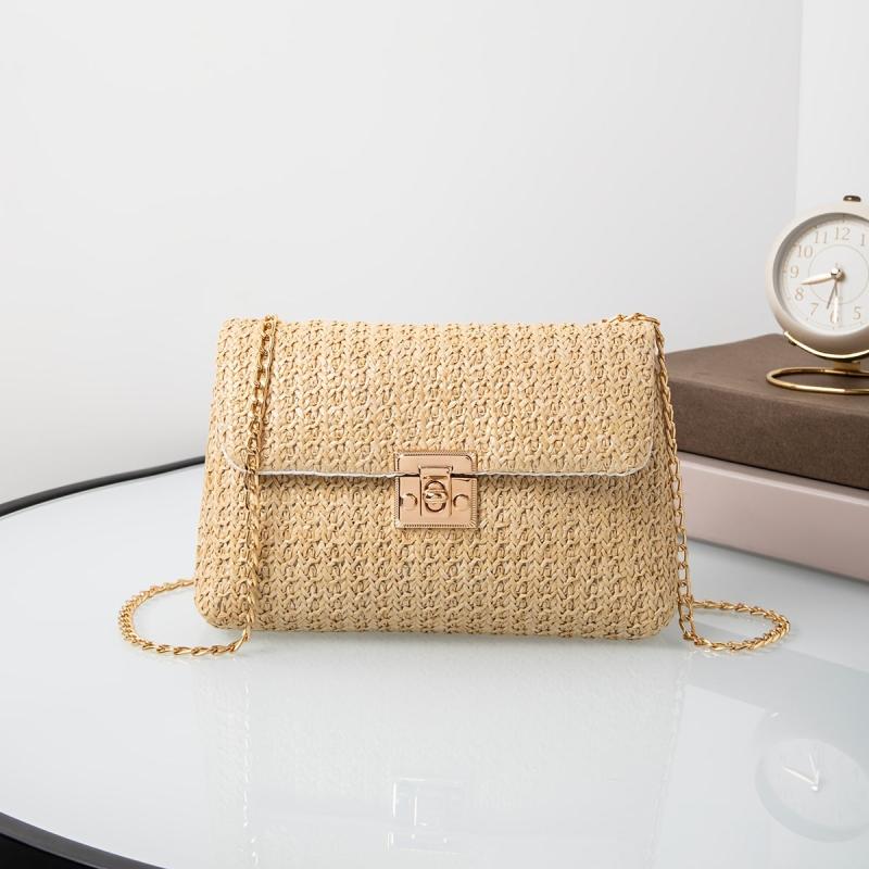 Straw Crossbody Bag with Turn Lock Closure & Chain Strap