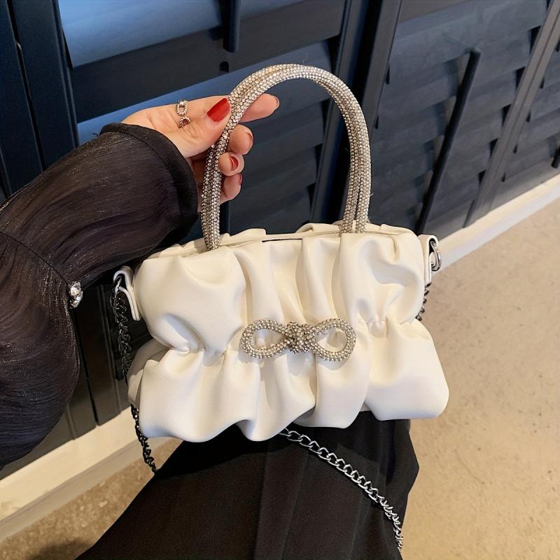 Pleated Top Handle Metal Chain Crossbody Bag PU Leather Bow Bag Purse