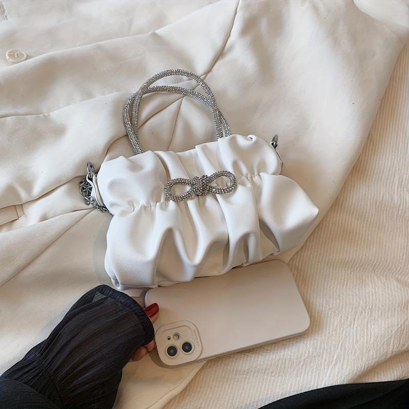 Pleated Top Handle Metal Chain Crossbody Bag PU Leather Bow Bag Purse