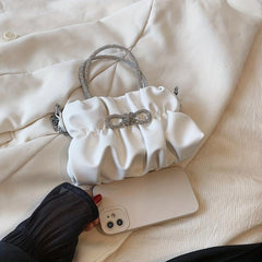 Pleated Top Handle Metal Chain Crossbody Bag PU Leather Bow Bag Purse