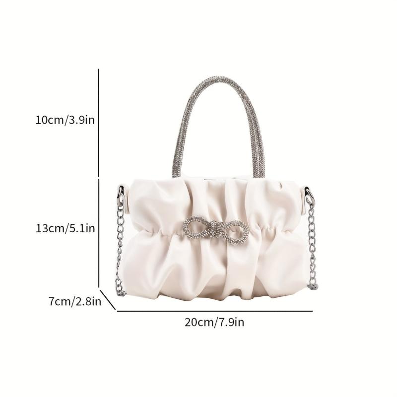 Pleated Top Handle Metal Chain Crossbody Bag PU Leather Bow Bag Purse