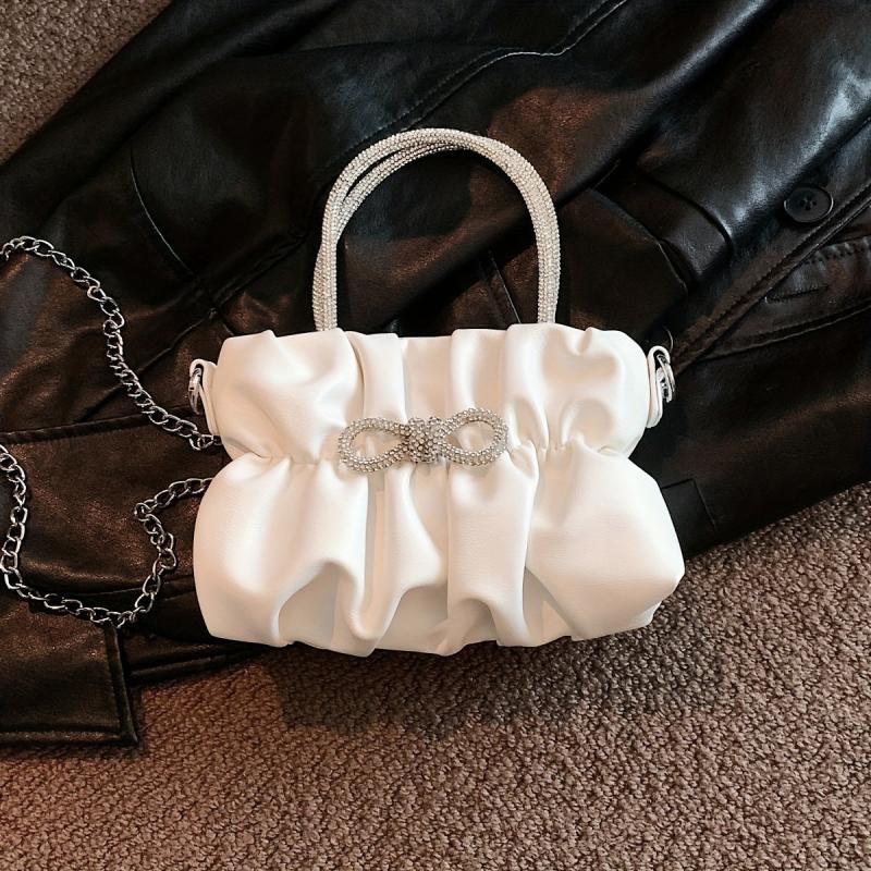 Pleated Top Handle Metal Chain Crossbody Bag PU Leather Bow Bag Purse