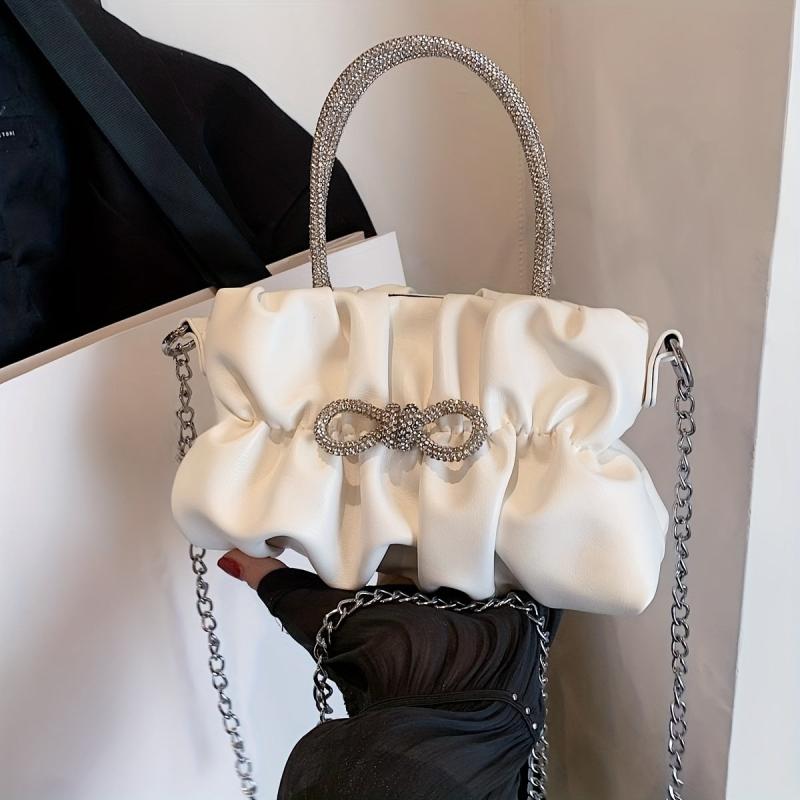 Pleated Top Handle Metal Chain Crossbody Bag PU Leather Bow Bag Purse