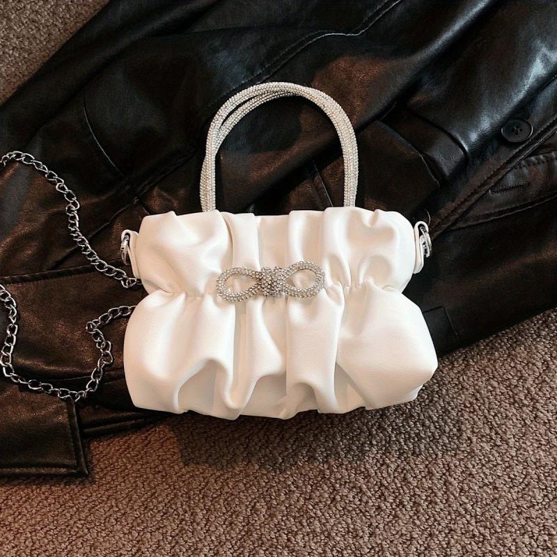 Pleated Top Handle Metal Chain Crossbody Bag PU Leather Bow Bag Purse