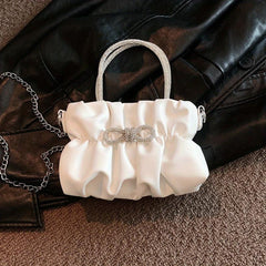 Pleated Top Handle Metal Chain Crossbody Bag PU Leather Bow Bag Purse