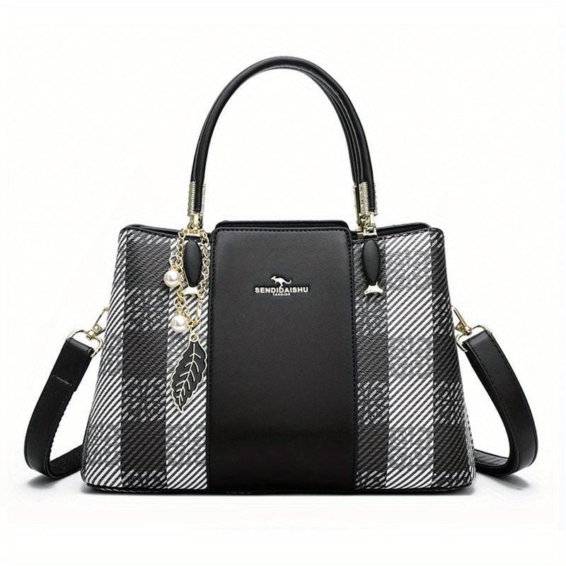 Shepherd Pattern Handbag PU Crossbody Bag Top Handle Satchel Purse