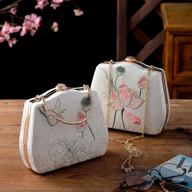 Flower Embroidered Evening Bag Top Ring Clutch Purse Handbag