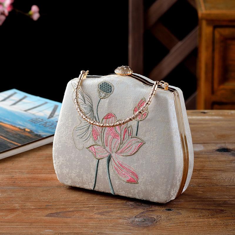 Flower Embroidered Evening Bag Top Ring Clutch Purse Handbag