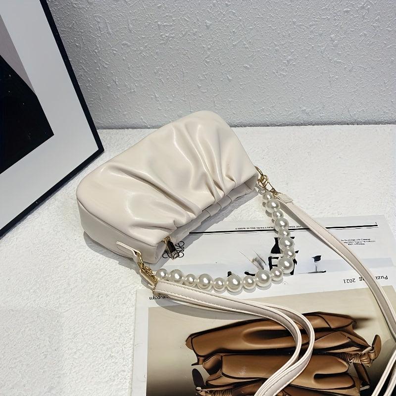 Pearl Chain Crossbody Bag Ruched Strap Shoulder Purse