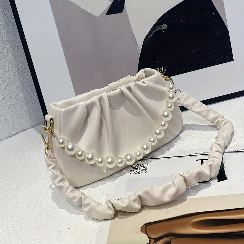 Pearl Chain Crossbody Bag Ruched Strap Shoulder Purse