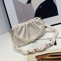 Pearl Chain Crossbody Bag Ruched Strap Shoulder Purse