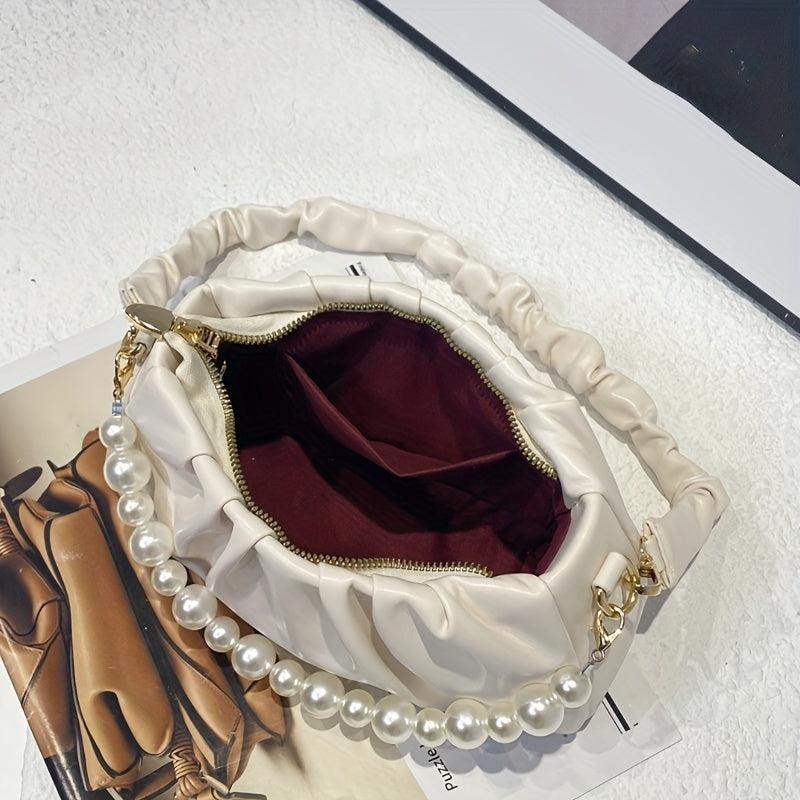 Pearl Chain Crossbody Bag Ruched Strap Shoulder Purse