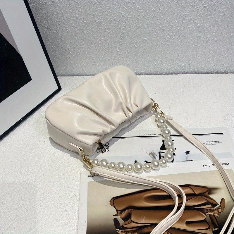 Pearl Chain Crossbody Bag Ruched Strap Shoulder Purse