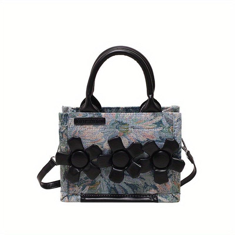 Denim Canvas Crossbody Bag Mini Raw Trim Tote Bag Flower Decor Satchel Purse