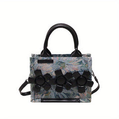 Denim Canvas Crossbody Bag Mini Raw Trim Tote Bag Flower Decor Satchel Purse