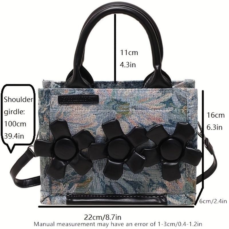 Denim Canvas Crossbody Bag Mini Raw Trim Tote Bag Flower Decor Satchel Purse