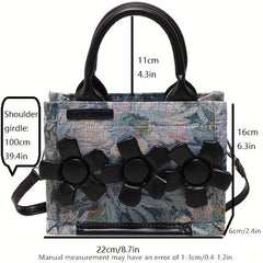Denim Canvas Crossbody Bag Mini Raw Trim Tote Bag Flower Decor Satchel Purse
