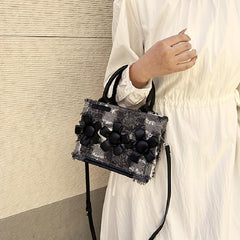 Denim Canvas Crossbody Bag Mini Raw Trim Tote Bag Flower Decor Satchel Purse