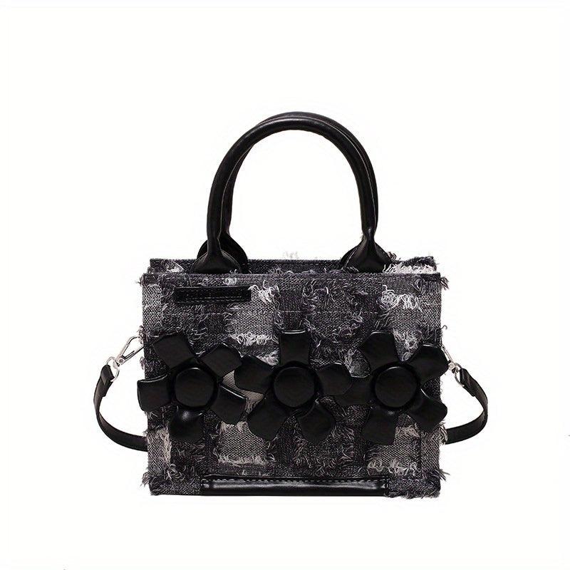 Denim Canvas Crossbody Bag Mini Raw Trim Tote Bag Flower Decor Satchel Purse