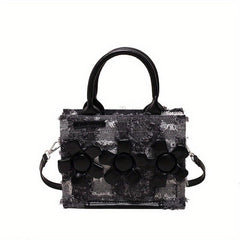 Denim Canvas Crossbody Bag Mini Raw Trim Tote Bag Flower Decor Satchel Purse