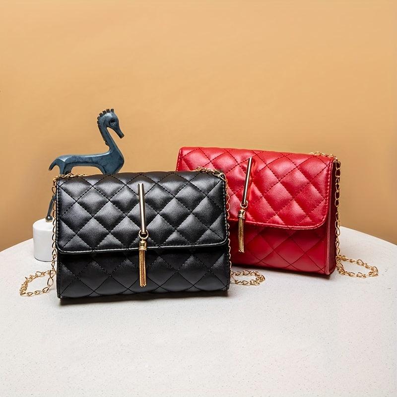 Argyle Quilted Chain Crossbody Bag Women's Tassel Square Purses
