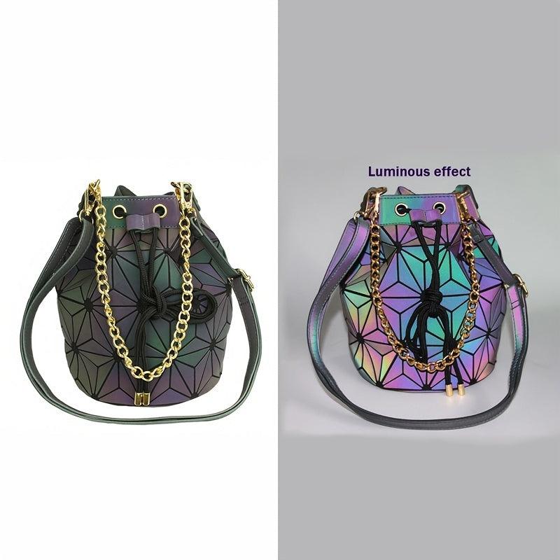 Geometric Luminous Chain Handbag Drawstring Crossbody Bag Shoulder Bucket Purse