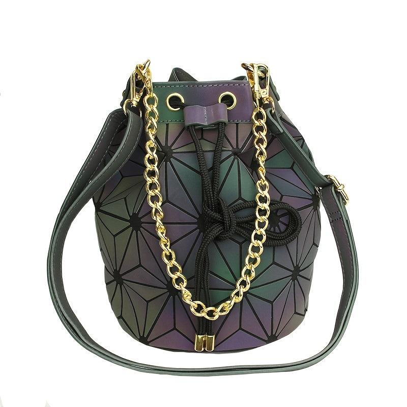 Geometric Luminous Chain Handbag Drawstring Crossbody Bag Shoulder Bucket Purse