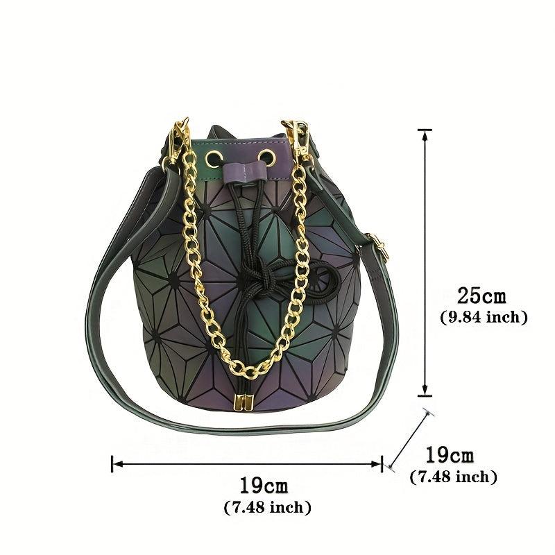 Geometric Luminous Chain Handbag Drawstring Crossbody Bag Shoulder Bucket Purse