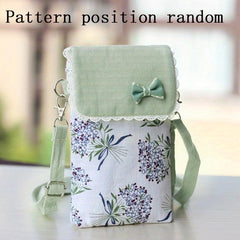 Flower Pattern Canvas Phone Bag Mini Bow Decor Flap Shoulder Bag