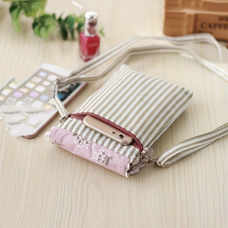 Flower Pattern Canvas Phone Bag Mini Bow Decor Flap Shoulder Bag