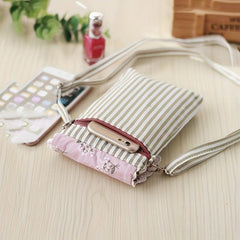 Flower Pattern Canvas Phone Bag Mini Bow Decor Flap Shoulder Bag