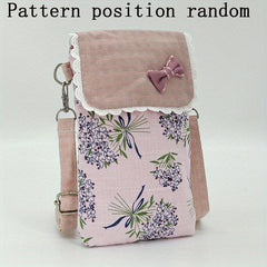 Flower Pattern Canvas Phone Bag Mini Bow Decor Flap Shoulder Bag