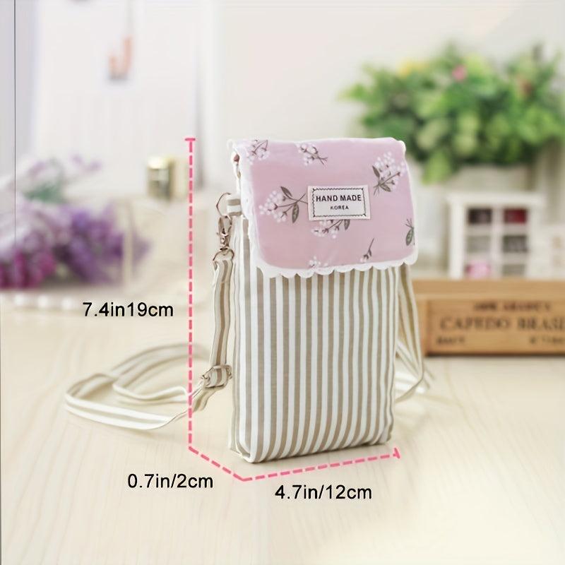 Flower Pattern Canvas Phone Bag Mini Bow Decor Flap Shoulder Bag