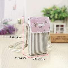 Flower Pattern Canvas Phone Bag Mini Bow Decor Flap Shoulder Bag