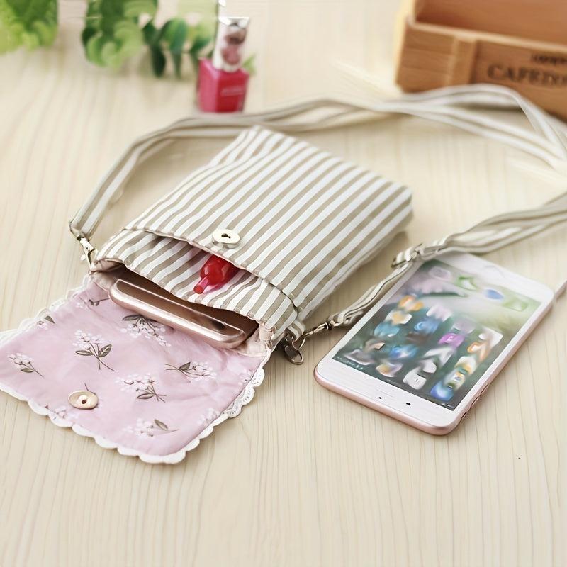 Flower Pattern Canvas Phone Bag Mini Bow Decor Flap Shoulder Bag