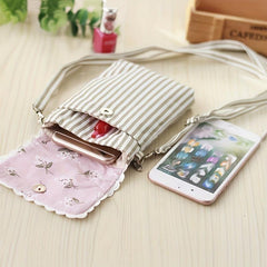 Flower Pattern Canvas Phone Bag Mini Bow Decor Flap Shoulder Bag