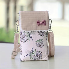 Flower Pattern Canvas Phone Bag Mini Bow Decor Flap Shoulder Bag