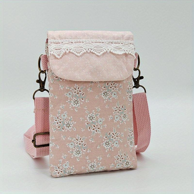 Flower Pattern Canvas Phone Bag Mini Bow Decor Flap Shoulder Bag