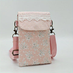 Flower Pattern Canvas Phone Bag Mini Bow Decor Flap Shoulder Bag