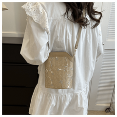 Boho Flower Lace Straw Crossbody Bag Beach Vacation Bucket Bag