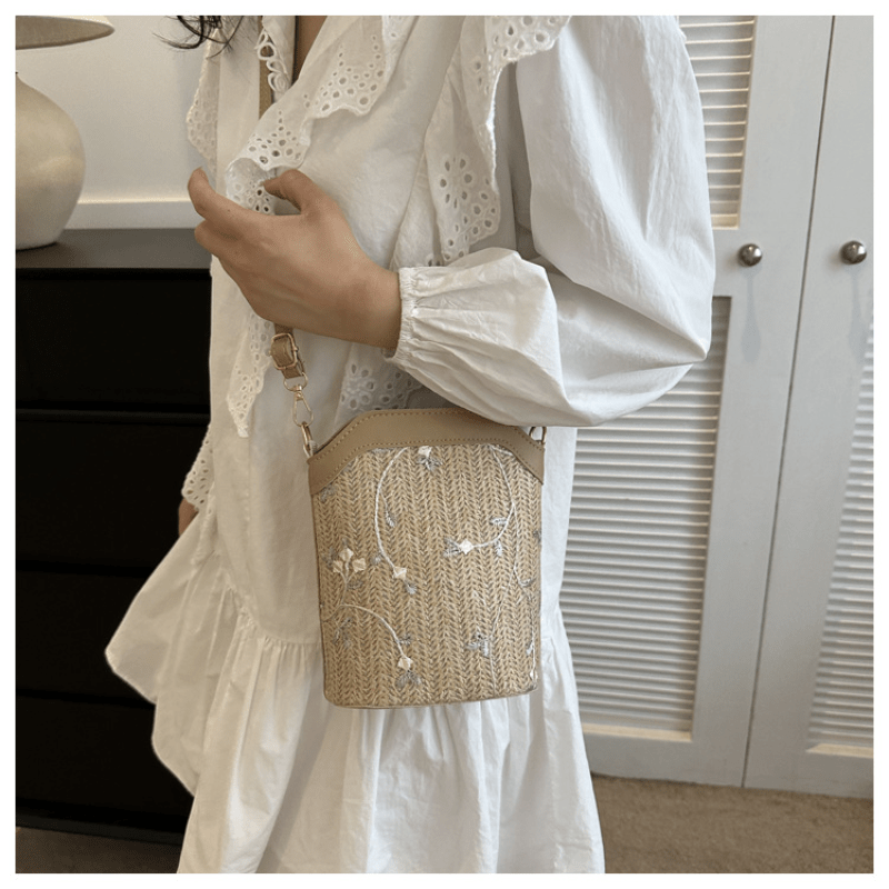 Boho Flower Lace Straw Crossbody Bag Beach Vacation Bucket Bag