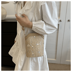 Boho Flower Lace Straw Crossbody Bag Beach Vacation Bucket Bag