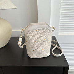 Flower Lace Bucket Bag Straw Boho Crossbody Bag