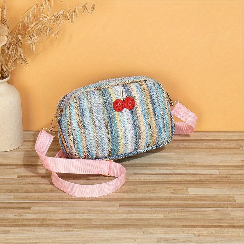 Colorful Straw Square Shoulder Bag Rhinestone Cherry Decor Crossbody Bag