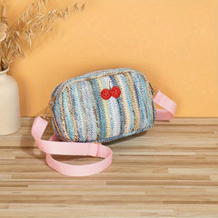 Colorful Straw Square Shoulder Bag Rhinestone Cherry Decor Crossbody Bag
